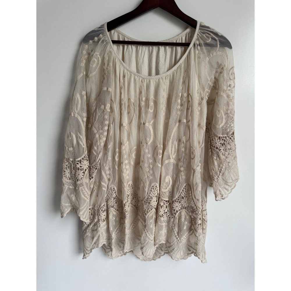 Bellambra Italian Cream Lace Sheer Embroidered Boho Blouse Small whimsigoth chic